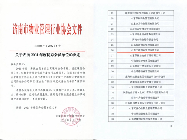 双倍荣誉!山东三箭物业管理有限公司荣获物业协会 “年度优秀会员单位”